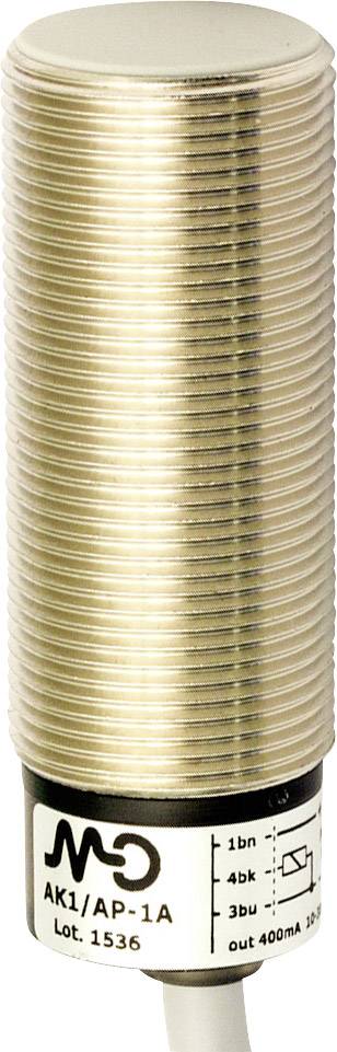 Ein zylindrischer Sensor mit Metallgehäuse. Aufschrift: 'AK1/AP-1A, Lot 1536'. Sensor für die Abstands- oder Objektmessung.