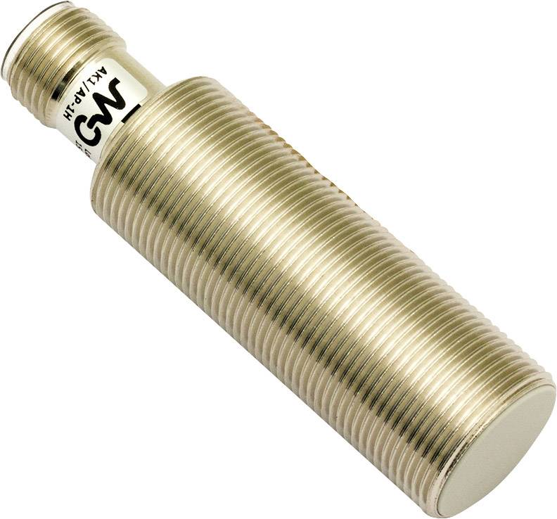 Ein zylindrischer Sensor mit metallischem Gehäuse und Beschriftung 'M12' am oberen Ende, typischer für industrielle Anwendungen.