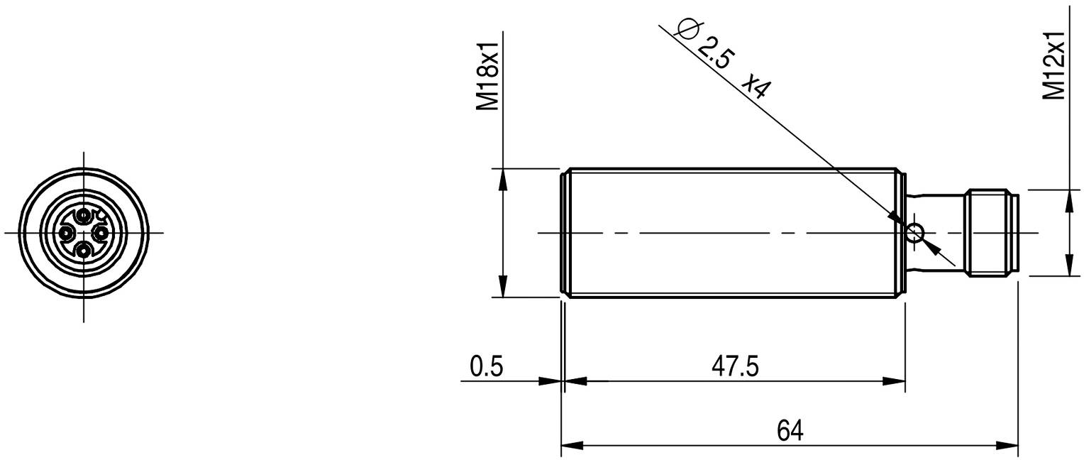 Technische Zeichnung eines zylindrischen Sensors, seitliche und frontale Ansicht; Maße sind 64 mm lang. Inklusive Gewindedetails.