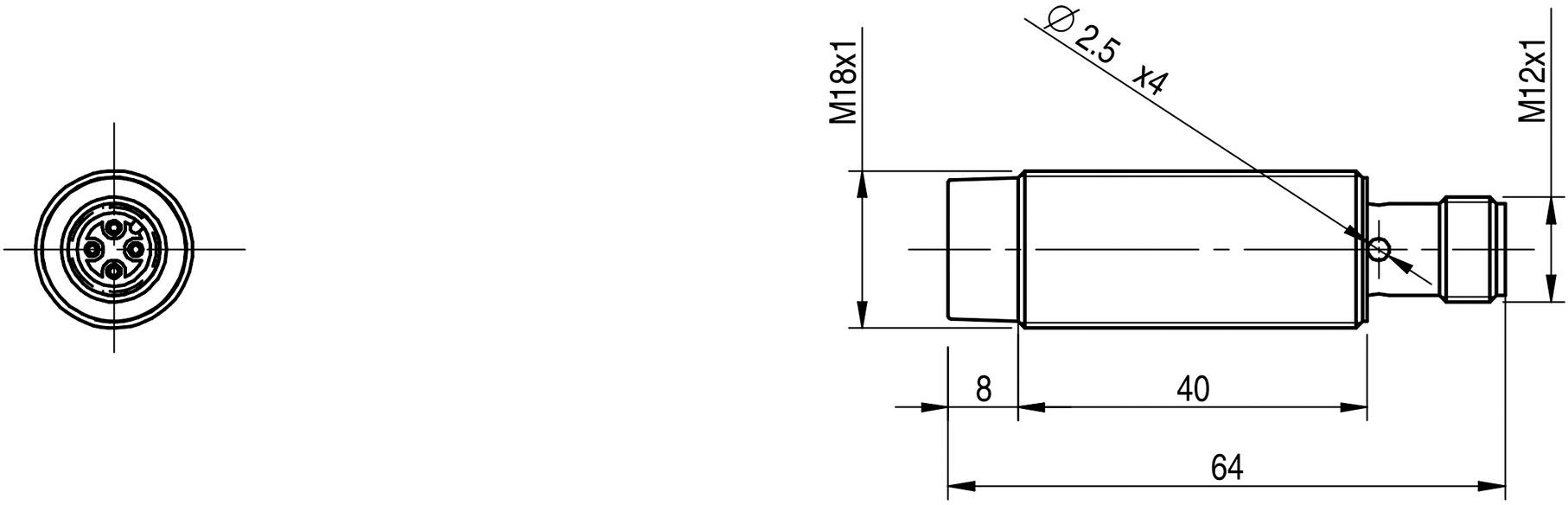 Technische Zeichnung eines zylindrischen Bauteils mit Maßen: Länge 64 mm, Durchmesser M18x1, Anschluss M12x1. Seiten- und Draufsicht.
