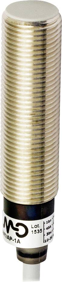 Zylindrischer, geriffelter Näherungssensor in Metallgehäuse. Untere schwarze Kappe mit Beschriftung und Kabelanschluss.