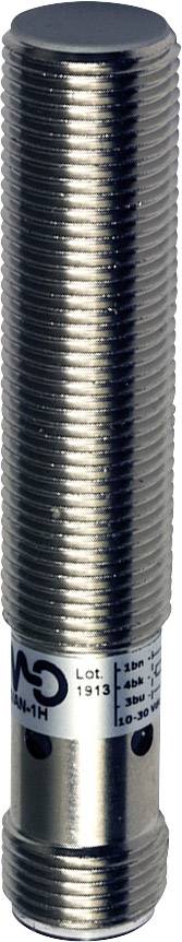 Metallsensor mit zylindrischem Gewinde, silberner Farbe. Marke und technische Details auf Etikett. Verwendet zur Objekterkennung.