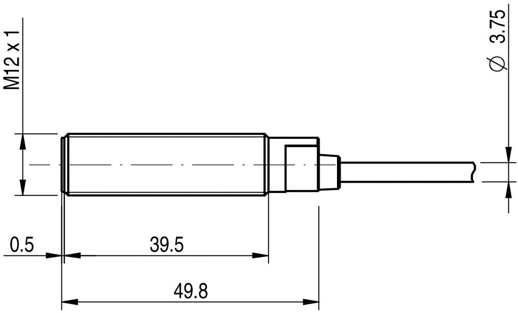 Seitenansicht einer technischen Zeichnung eines zylindrischen Sensors. Maße: Gesamtlänge 49,8 mm, Gehäuselänge 39,5 mm, Gewinde M12 x 1.