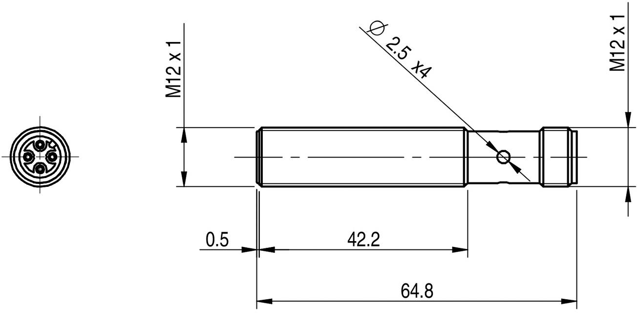Technische Zeichnung eines zylindrischen Sensors mit M12-Gewinden, Länge 64,8 mm, und vier 2,5 mm Löcher. Zeigt Maße und Anschlüsse.