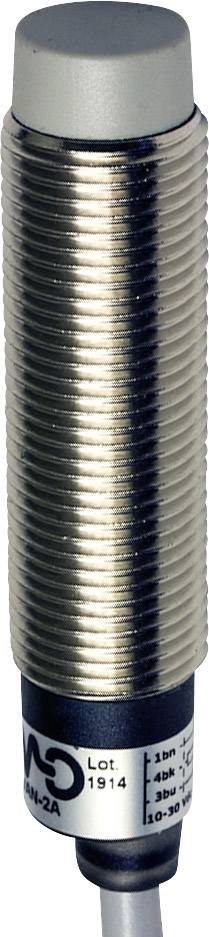 Ein zylindrischer Sensor mit geripptem Metallgehäuse und Kabelanschluss, geeignet für industrielle Anwendungen.