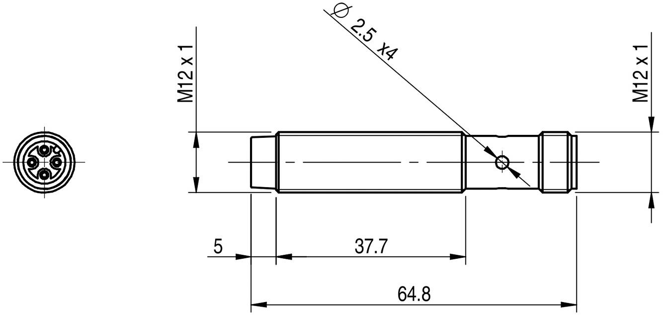 Technische Zeichnung eines zylindrischen Steckverbinders mit Abmessungen: Gesamtlänge 64,8 mm, Durchmesser 2,5 mm.