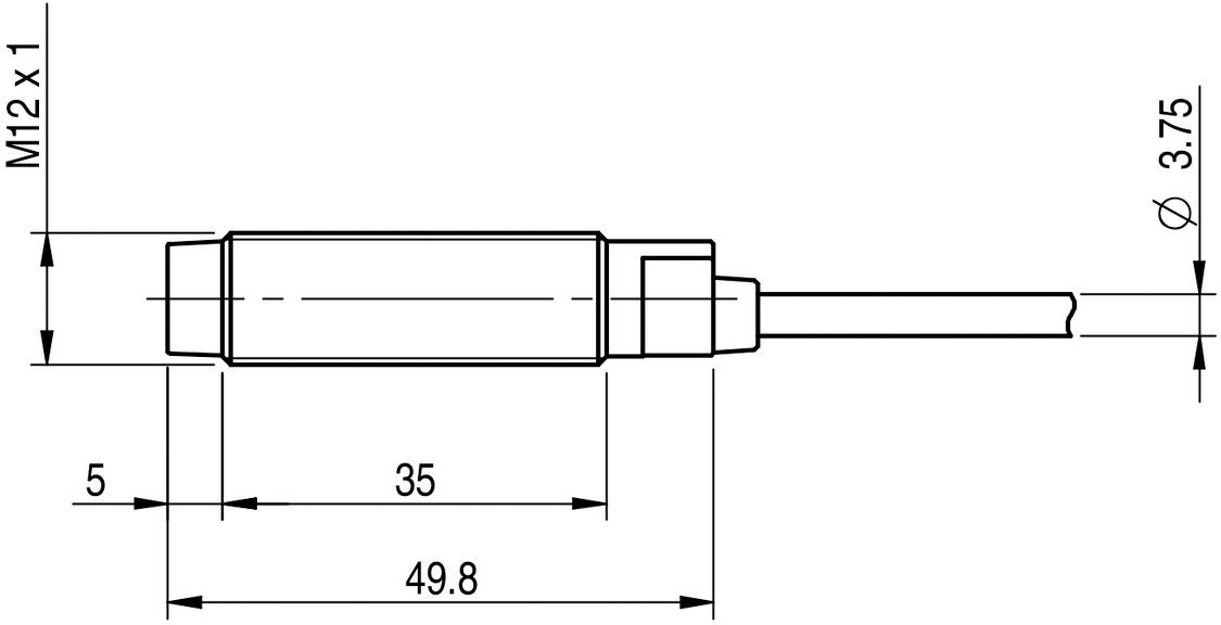 Technische Zeichnung eines zylindrischen Bauteils mit den Maßen: Länge 49,8 mm, Durchmesser 3,75 mm, Gewinde M12 x 1.