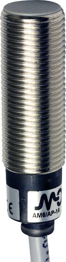 Zylindrischer, metallener Näherungssensor mit Kabelanschluss unten, geeignet für Automatisierungs- und Maschinensteuerungsanwendungen.