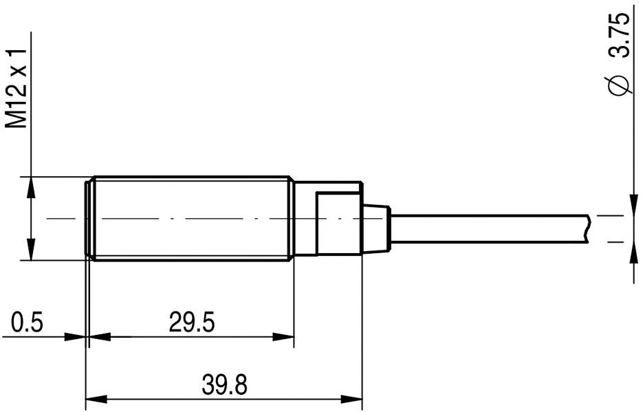 Technische Zeichnung eines zylindrischen Bauteils: Länge 39,8 mm, Durchmesser 3,75 mm, Gewinde M12 x 1, Endstück mit Kabelanschluss.