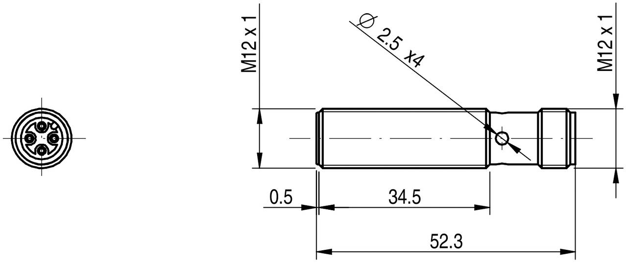 Technische Zeichnung eines zylindrischen Steckverbinders. Abmessungen: 52,3 mm Länge, 34,5 mm Körper. Gewinde M12 x 1.