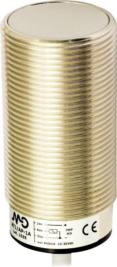 Zylindrischer Näherungssensor, goldfarben, mit CE-Kennzeichnung. Markenname M.D. und Modellbezeichnung AT1/AP-1A aufgedruckt.