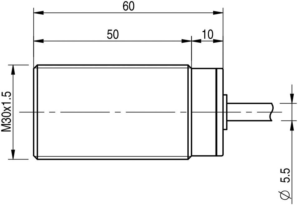 Zeichnung eines zylindrischen Objekts mit Abmessungen: Gesamtlänge 60 mm, geschlitzter Abschnitt 10 mm, Durchmesser 30 mm.