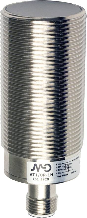 Ein zylindrischer, metallischer Sensor mit gerippter Oberfläche und unten einem Stecker. Ein Etikett zeigt technische Informationen.
