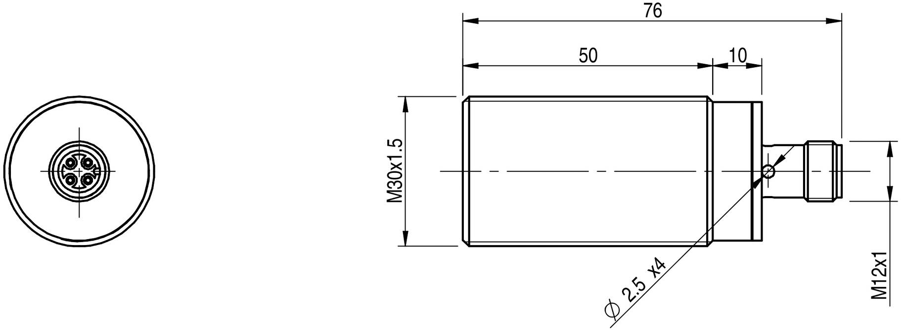 Technische Zeichnung eines zylindrischen Bauteils mit Maßen und Gewindemarkerungen. Seitenansicht zeigt Längen 76 mm und 50 mm. Draufsicht links.