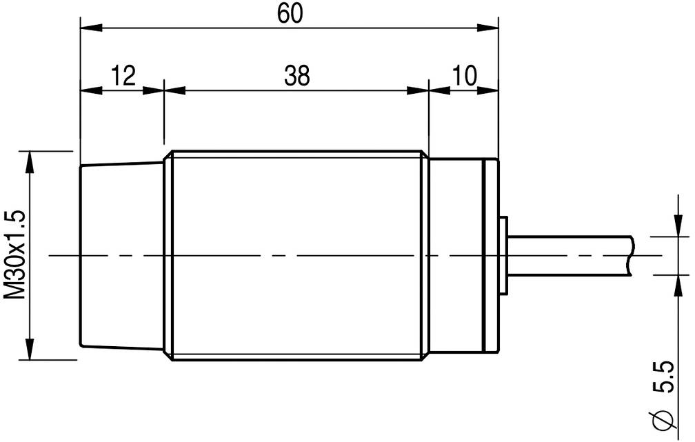 Technische Zeichnung eines zylindrischen Bauteils mit Maßen: Länge 60 mm, Durchmesser 30 mm, Gewinde M30x1,5, Stablänge 10 mm.