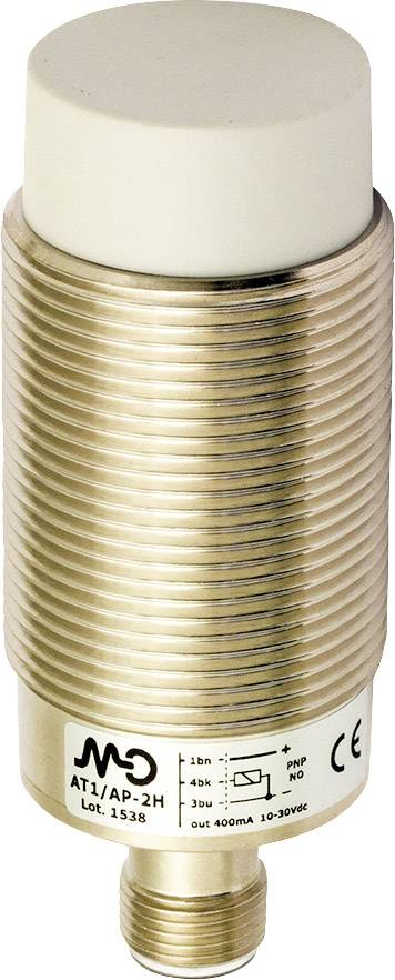 Ein zylindrischer Sensor mit metallischem Gehäuse und weißem, flachem Kopf. Auf der Beschriftung sind technische Spezifikationen zu sehen.