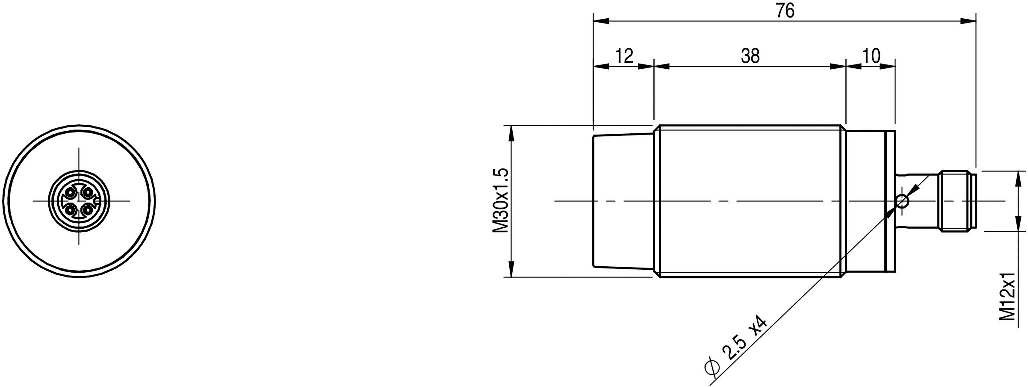 Technische Zeichnung eines zylindrischen Sensors mit Maßangaben: Durchmesser, Länge; Verbindung M12x1. Schnittansicht zeigt Innenansicht.