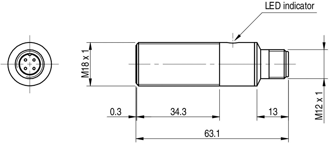Zeichnung eines zylindrischen Sensors mit M18 x 1 und M12 x 1 Gewinde, 'LED-Anzeige' markiert. Maße: 63,1 mm Länge, 34,3 mm Mittelabschnitt.