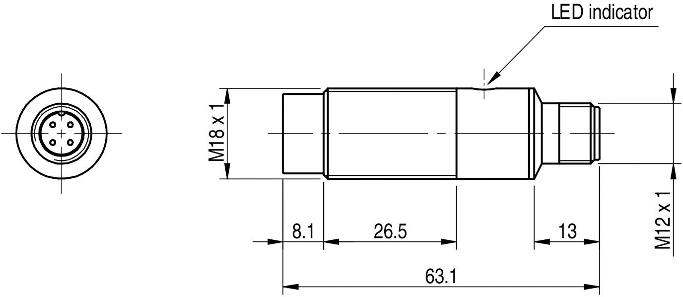 Technische Zeichnung eines zylindrischen Sensors mit M18- und M12-Gewindeanschlüssen. LED-Indikator hervorgehoben.