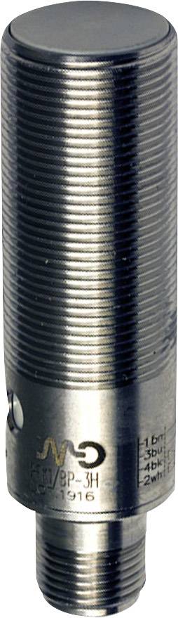 Metallischer zylindrischer Sensor, vertikal ausgerichtet, mit Beschriftungen und Gewinde am unteren Ende.