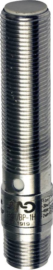 Zylinderförmiger metallischer Sensor mit glatt glänzender Oberfläche, mehreren Schraubengewinden und eingravierter Beschriftung.