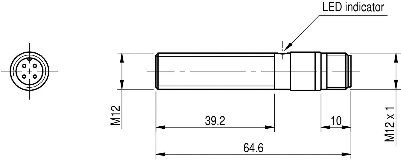 Diagramm eines M12-Steckers mit LED-Anzeige. Zeigt die Seitenansicht und Frontansicht mit Maßen: Länge 64,6 mm, Abschnitt 39,2 mm, LED gekennzeichnet.
