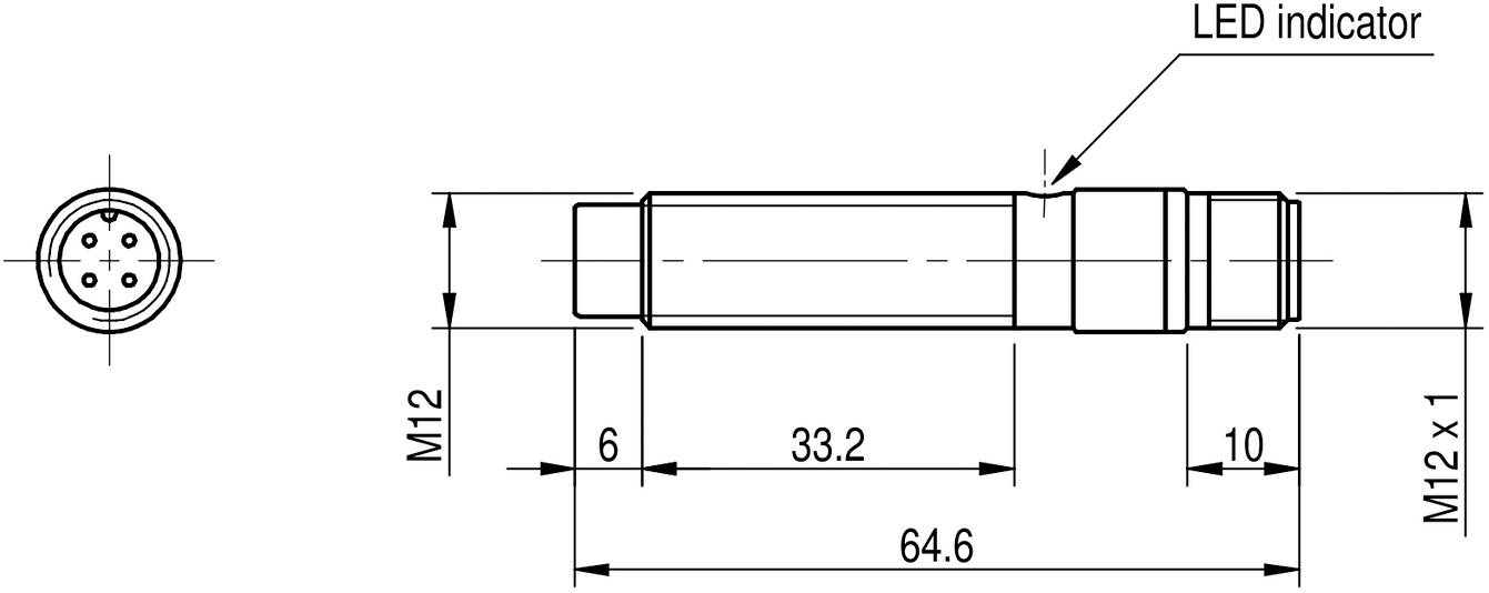 Technische Zeichnung eines zylindrischen Steckverbinders mit LED-Anzeige. Maße: Gesamtlänge 64,6 mm, Durchmesser M12. Indikatordetails hervorgehoben.