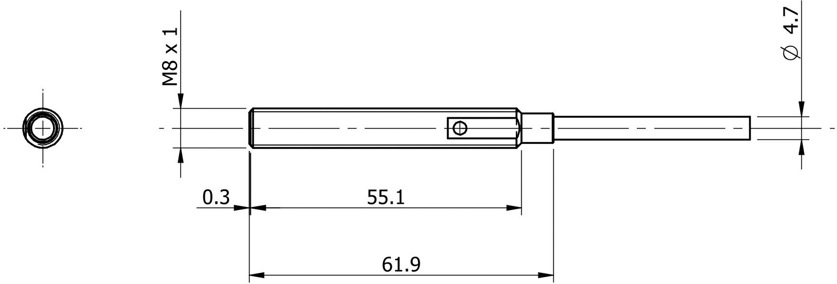 Technische Zeichnung eines zylindrischen Stahlstifts mit Gewinde M8 x 1. Maße: Länge 61,9 mm, Breite 4,7 mm. Seiten- und Draufsicht.