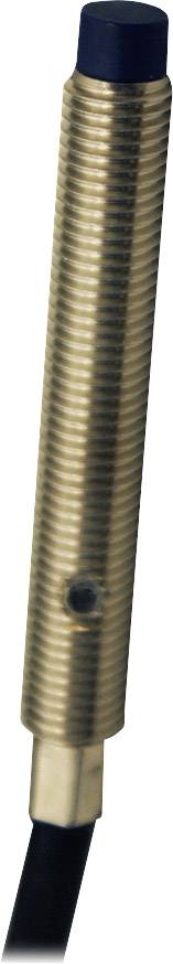 Metallischer zylindrischer Sensor mit schwarzer Spitze und Kabelanschluss. Verwendet zur berührungslosen Erkennung von Objekten.