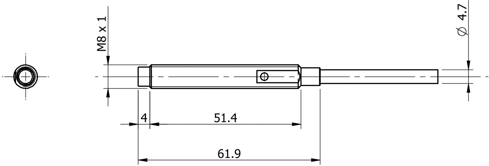 Technische Zeichnung eines zylindrischen Stifts mit den Maßen 61,9 mm Länge, M8 x 1 Gewinde, 4,7 mm Durchmesser.