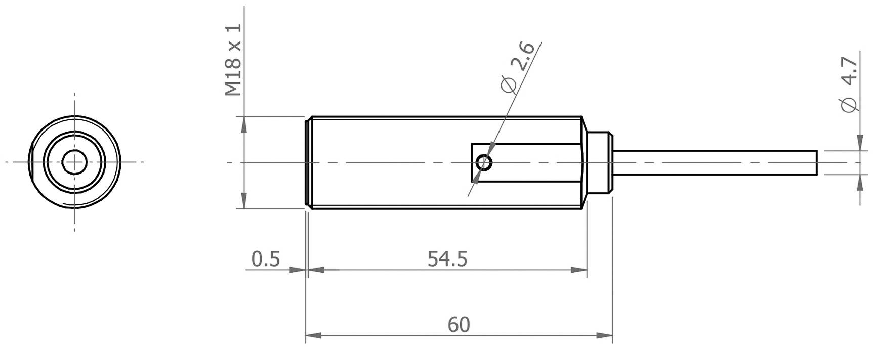 Technische Zeichnung eines zylindrischen Sensors: Länge 60 mm, Durchmesser 18 mm, Kabel 4,7 mm. Markierungen bei 54,5 mm und 2,6 mm.