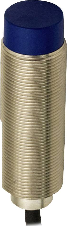 Zylindrischer, blauer Druckknopf mit geriffeltem Metallgehäuse, verwendet als elektrischer Schalter oder Sensor.