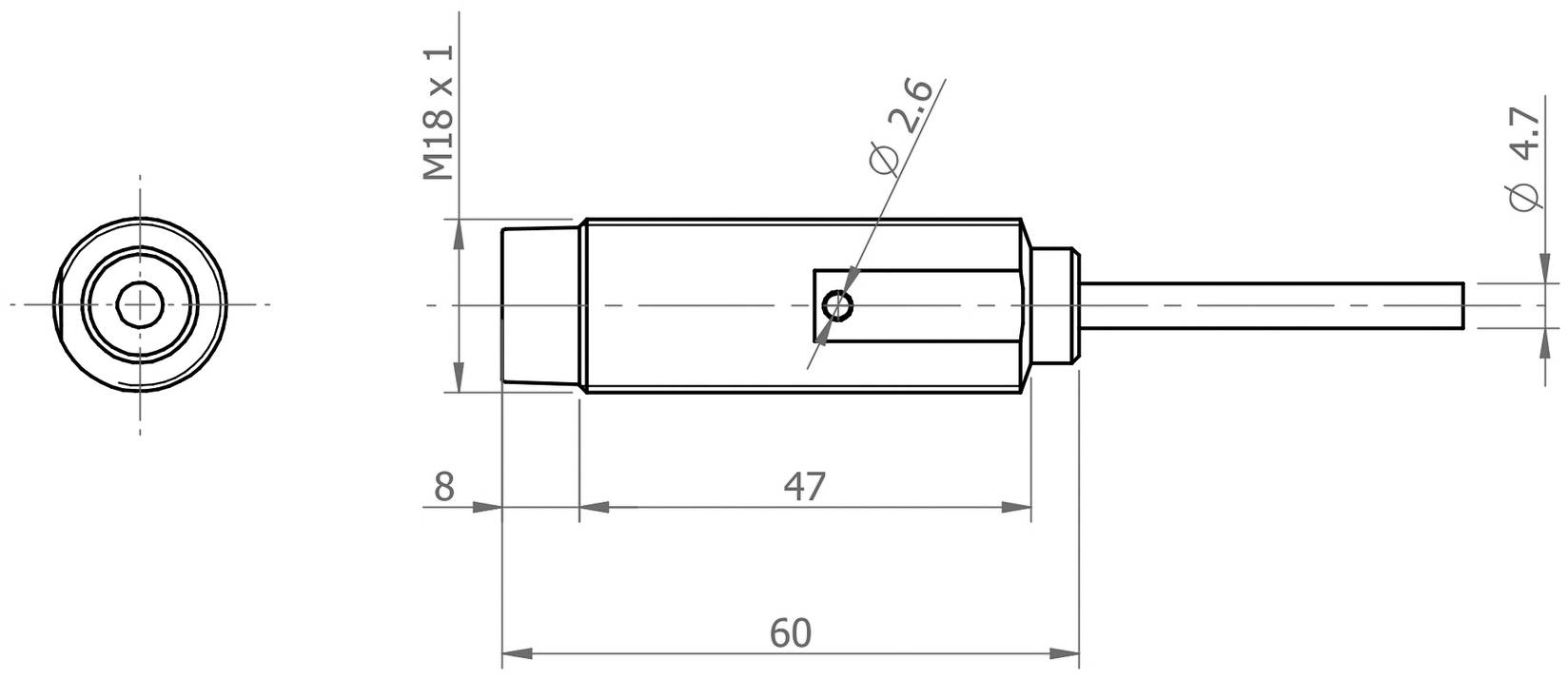 Technische Zeichnung eines zylindrischen Sensors mit Gewinde M18 x 1, Länge 60 mm. Zeigt Draufsicht und Seitenansicht mit Abmessungen.