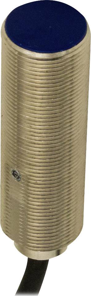 Metallischer Näherungssensor in zylindrischer Form mit blauem Ende und Kabelanschluss. Verwendet zur Objekterkennung.