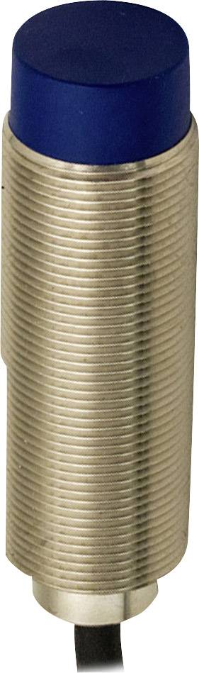 Metallisch zylindrischer Sensor mit blauem Kopf und Kabelanschluss am Ende, verwendet zur Erkennung von Objekten in Maschinen.