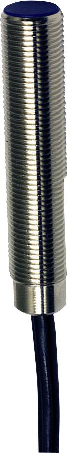 Ein zylindrischer Sensor mit geriffeltem Metallgehäuse und schwarzem Kabel, typischerweise für industrielle Anwendungen verwendet.