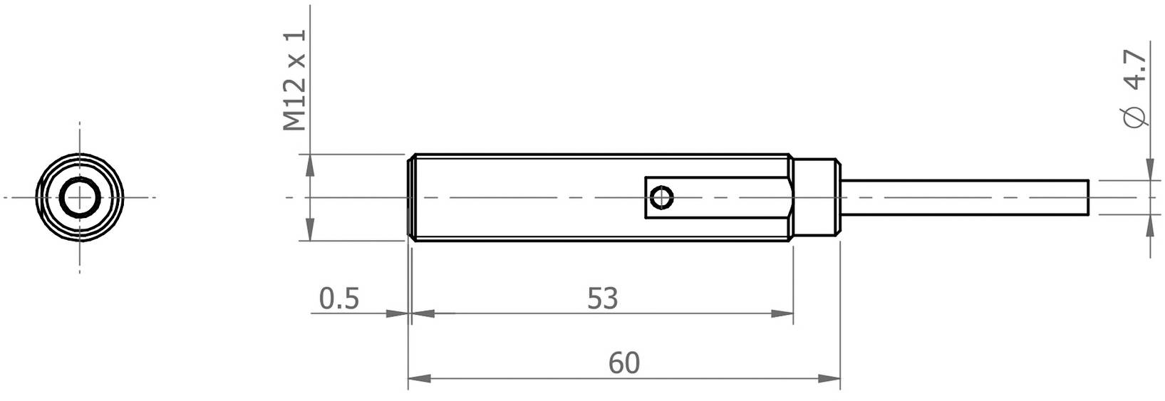 Technische Zeichnung eines zylindrischen Sensors mit M12-Gewinde, Länge 60 mm, Durchmesser 4,7 mm. Seiten- und Frontansicht mit Bemaßungen.