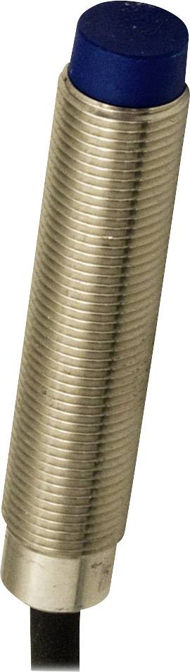 Zylindrischer Induktivsensor mit blauem Kopf, metallischem Gehäuse und Kabelanschluss. Wird zur Objekterkennung verwendet.