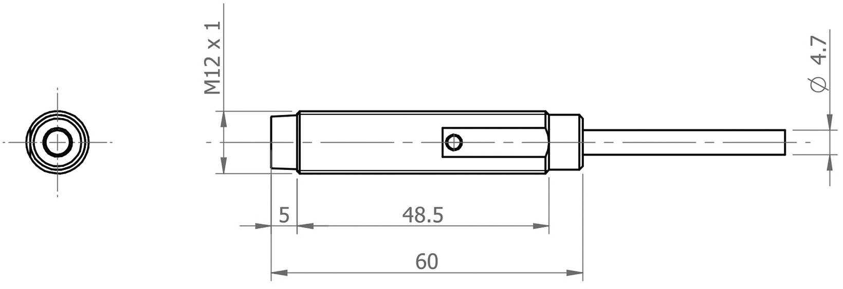 Technische Zeichnung eines zylindrischen Sensors mit M12 x 1 Gewinde, 60 mm Länge, 4,7 mm Kabeldurchmesser; Seiten- und Draufsicht.