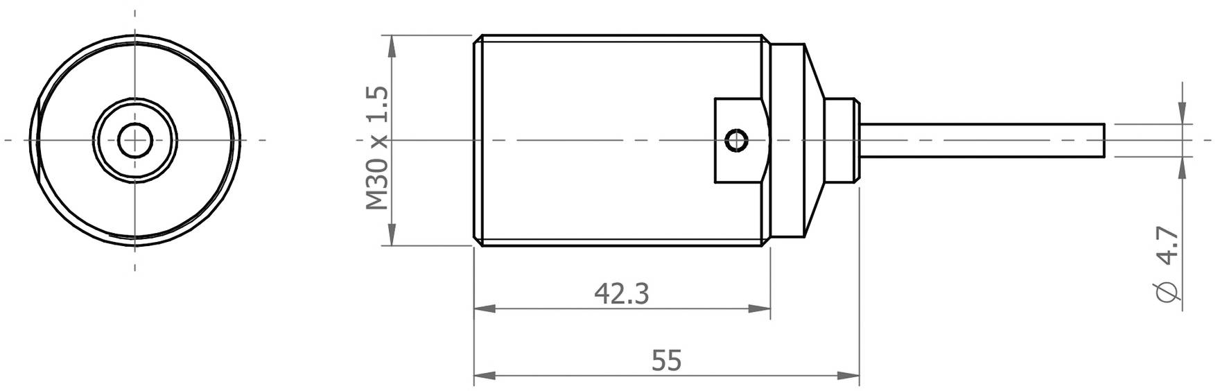 Technische Zeichnung eines zylindrischen Sensors mit seitlicher Ansicht und Draufsicht. Maße: Länge 55 mm, Durchmesser 30 mm.