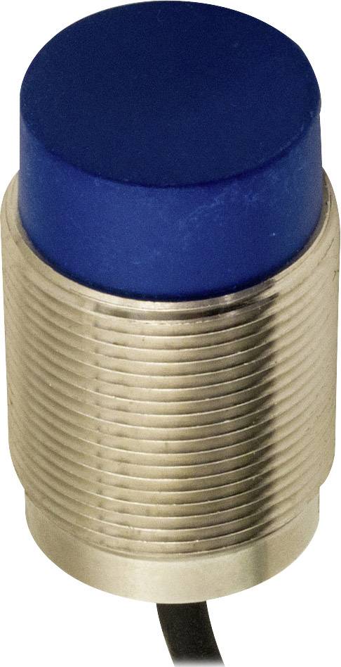 Ein zylindrischer, blauer Druckschalter mit metallischem Gehäuse.