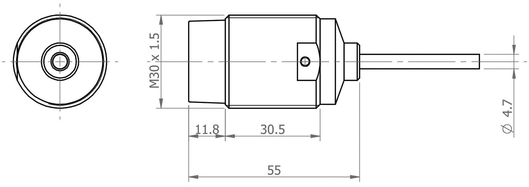 Technische Zeichnung eines zylindrischen Objekts mit Maßen. Draufsicht und Seitenansicht zeigen M30-Gewinde und 55 mm Gesamtlänge.