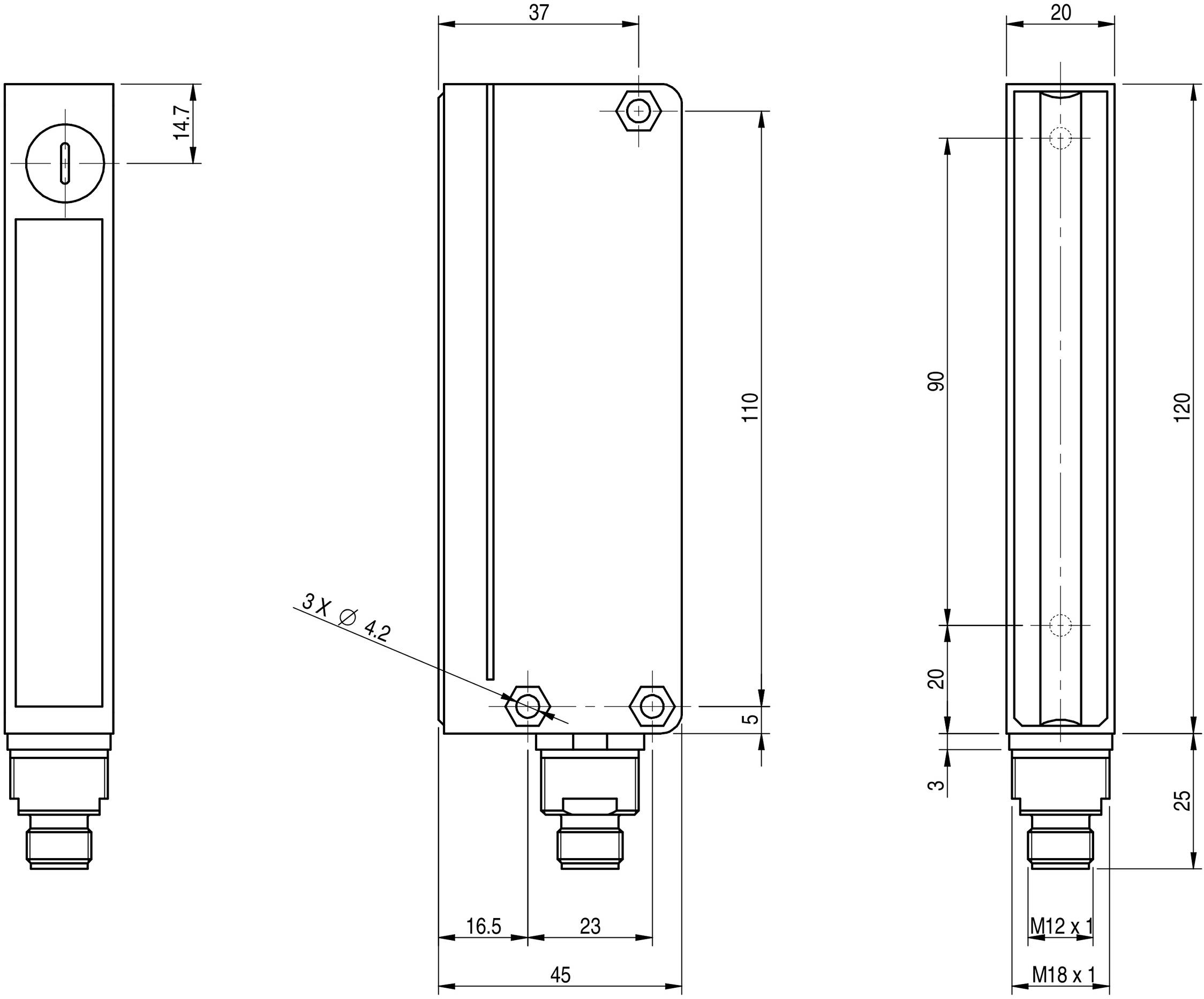 Technische Zeichnung eines rechteckigen Gehäuses mit detaillierten Maßen in Millimetern, inklusive Löcher und Anschlüsse.