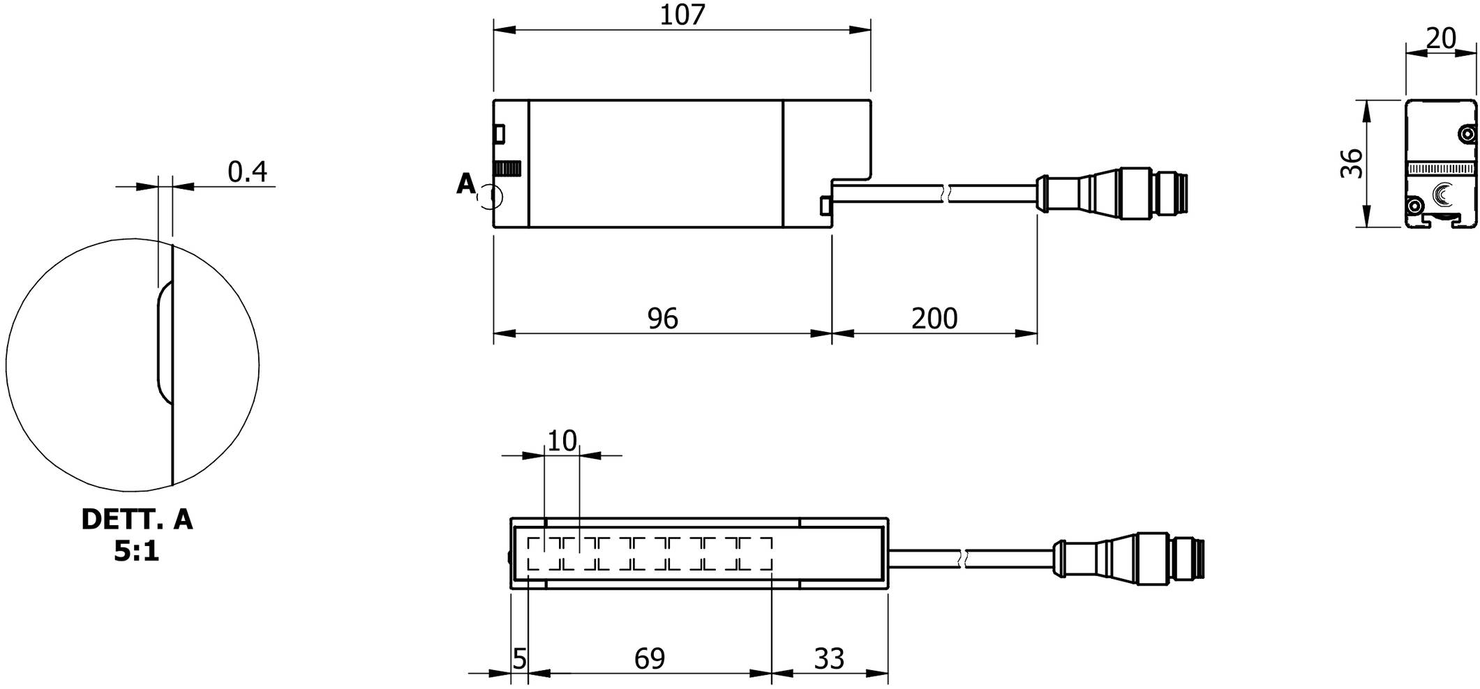 Technische Zeichnung eines zylindrischen Bauteils mit Maßen: Länge 200 mm, Höhe 36 mm, Breite 10 mm. Anschlusskabel rechts.