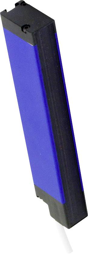 Ein länglicher blauer Sensor mit schwarzem Rand und weißem Kabel, zur Verwendung in industriellen Anwendungen.