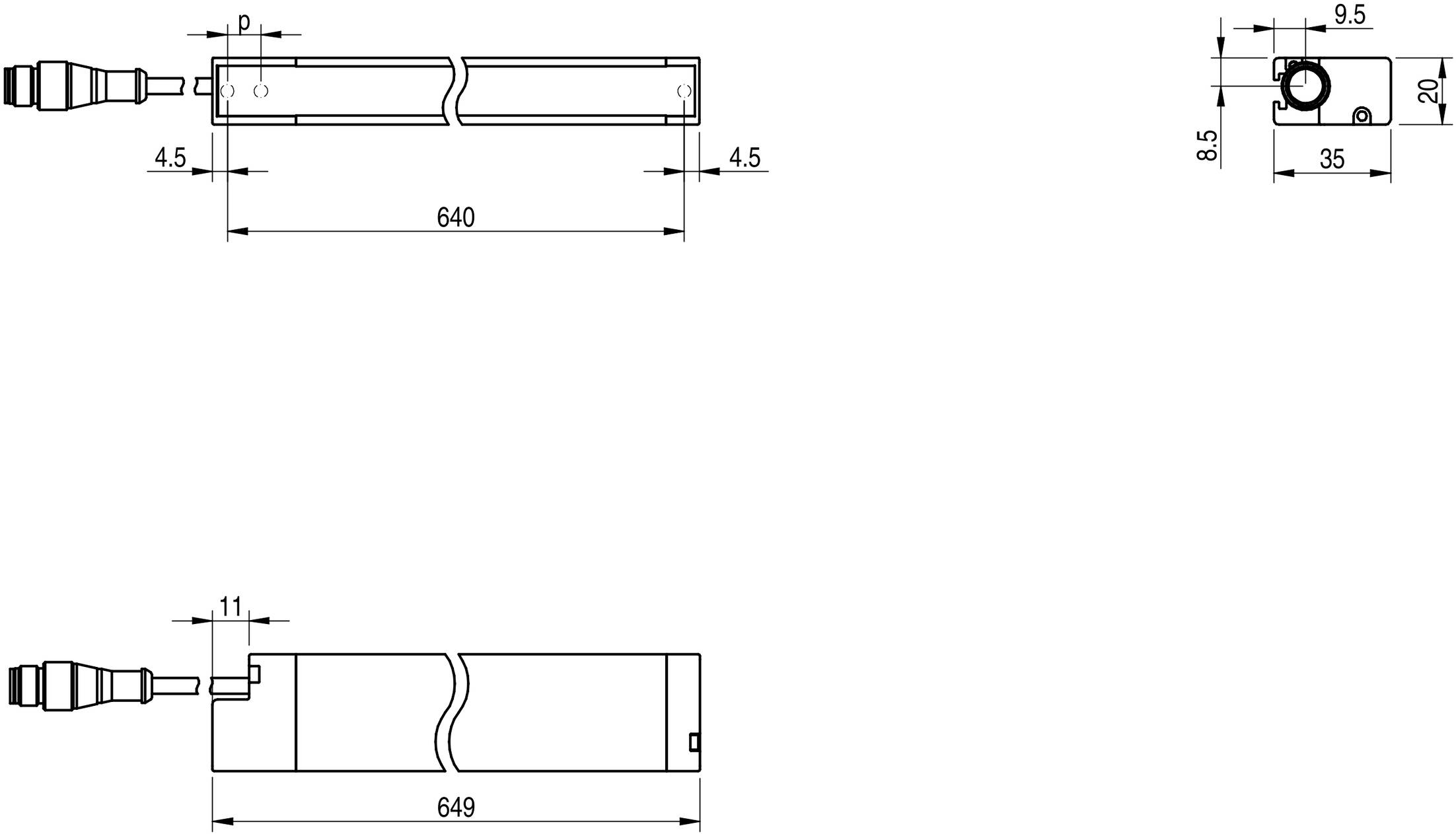 Technische Zeichnung eines Zylinders mit Maßen: 640 mm Länge, 35 mm Durchmesser. Zeigt auch die Position des Kabelanschlusses.