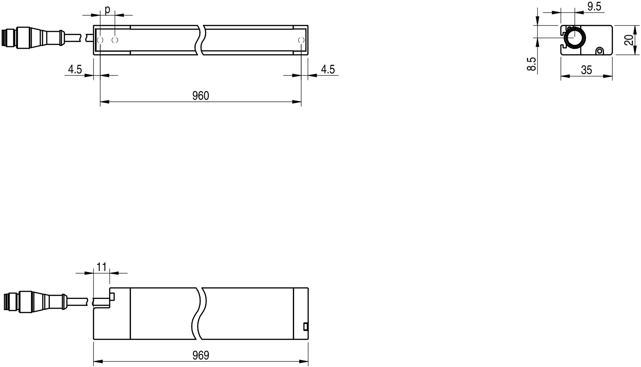 Technische Zeichnung eines Stabmagneten mit Maßen: 960 mm Länge, 35 mm Breite, 20 mm Höhe. Zeigt Anschlüsse und Befestigungspunkte.