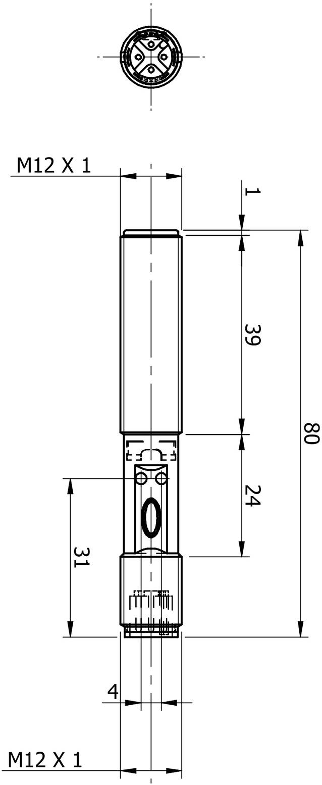 Technische Zeichnung eines zylindrischen Bauteils mit Maßen: Länge 80 mm, zwei M12 X 1 Gewinde an den Enden, Detailansicht oben.