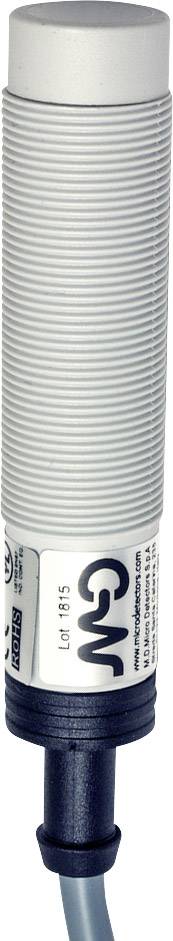Ein zylindrischer, geriffelter Sensor mit Kabelanschluss, geeignet für industrielle Anwendungen. Markenlogo auf dem Sensor sichtbar.