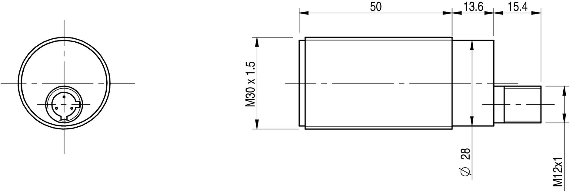 Technische Zeichnung eines zylindrischen Bauteils. Links: Vorderansicht mit Kreuzlinien. Rechts: Seitenansicht mit Maßen in Millimetern und Gewindeangaben.